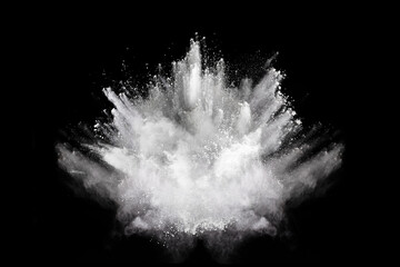 White powder explosion on black background. Colored cloud. Colorful dust explode. Paint Holi.