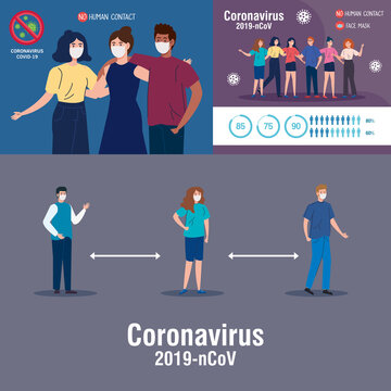 Set Scenes, People Using Face Mask And Campaigns Prevention Coronavirus Covid 19 Vector Illustration Design