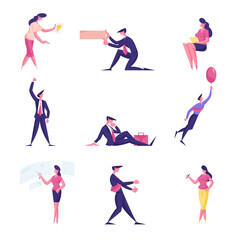 Set of Male and Female Business People Flying on Balloon, Work with Interactive Interface. Thinking on Project, Office Characters, Men Women Isolated on White Background. Cartoon Vector Illustration