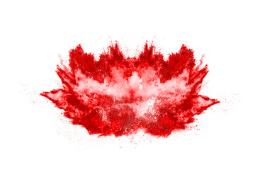 Freeze motion of red powder exploding, isolated on white background. Abstract design of red dust cloud. Particles explosion screen saver, wallpaper