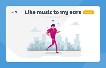 Jogging and Sports Healthy Lifestyle Landing Page Template. Woman Character in Sports Wear and Headset Running in Park Listen Music Player. Summer Outdoor Sport Activity. Cartoon Vector Illustration