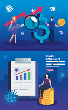 Set Scenes, Finance Management Recovery Of Market After Covid 19, Business People With Icons Vector Illustration Design