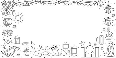 Obraz premium Hand drawn Doodle Happy Eid Mubarak and Ramadan Kareem isolated on white background. Hand drawn sketch outline doodle style islamic vector illustration. Collection of arabic design elements with quran