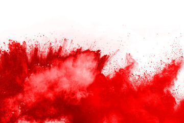 Freeze motion of red powder exploding, isolated on white background. Abstract design of red dust cloud. Particles explosion screen saver, wallpaper