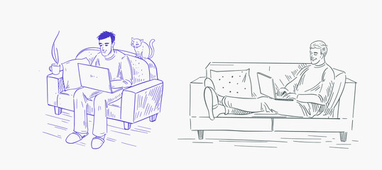 A man works on a laptop. Freelancer works at home on the sofa. Vector illustration in lineart style.