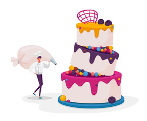 Bakery and Sweet Food Concept. Tiny Chef Character Decorate Huge Cake with Cream in Pastry Bag. Treat Confectionery Dessert for Party, Wedding or Birthday Celebration. Cartoon Vector Illustration