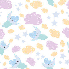 Cute night sky seamless pattern with colorful clouds and moon