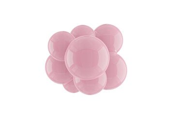 3D rendering abstract graphic composition. Explosion glossy, shiny balls, spheres, bubbles pastel red, pink. Dynamic web design, poster, cover, wallpaper. Foam particles isolated white background