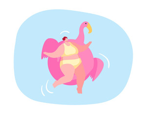 Relaxed Female Character Enjoying Summer Time Vacation Floating on Inflatable Flamingo Mattress Take Sun Bath and Tan on Resort. Hotel Relax in Swimming Pool, Ocean or Sea. Cartoon Vector Illustration