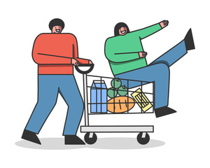Cartoon man riding woman in supermarket shopping cart. Happy couple buying grocery products