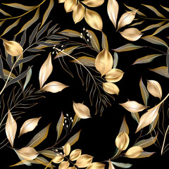 Vektornahtloses Muster mit goldenen Blättern. Exotisches botanisches Hintergrunddesign für Kosmetik, Spa, Textil. Am besten als Geschenkpapier, Tapete.