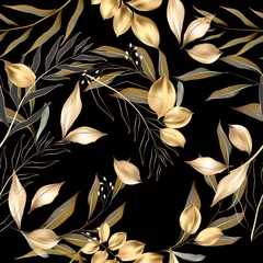 Fototapete Schwarz und Gold Vektornahtloses Muster mit goldenen Blättern. Exotisches botanisches Hintergrunddesign für Kosmetik, Spa, Textil. Am besten als Geschenkpapier, Tapete.
