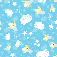 Cute seamless pattern with moon, clouds, stars on blue background