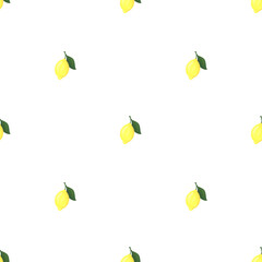 Yellow lemons on a white background. Simple seamless pattern. Citrus fruit. Cute illustration with gouache. Bright print for fabric, textiles, paper and any design. Stock image.