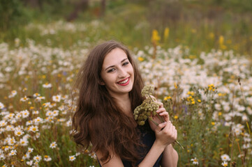 Young beautiful girl holds bouquet of flowers in hands in chamomile field - 354058557