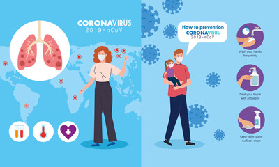 set scenes, prevention coronavirus 2019 ncov, father and daughter, woman using medical mask vector illustration design