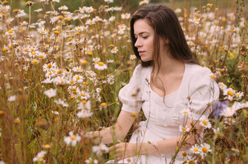 Young beautiful girl in white dress collecting flowers in chamomile field - 354058792