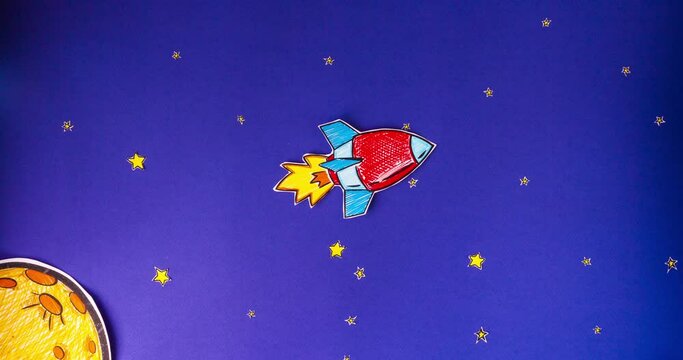Space rocket Launch in space stop motion Animation. start up concept of new business project development and launch innovation product on market.