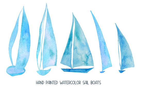 Set Of Watercolor Painted Sailboats
