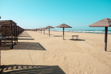 Empty beach without people. No tourism. Quarantine and isolation