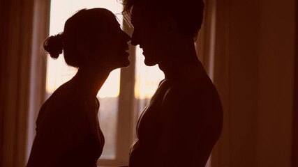 silhouette two toung lovers touching, ambracing and kissing each other soft and tenderly against window with warm sunset sunlight. boy and girl in cozy bedroom before first sex