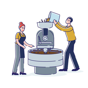 coffee roasters pouring beans into machine clip art preview