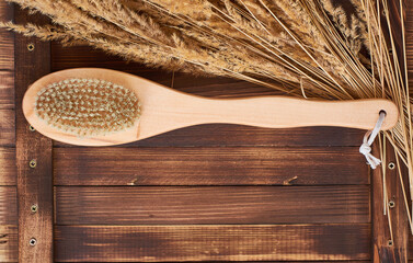 Brush for body massage at home or in salon, for shower, spa on dark wooden background. Care skin and health.
