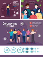 set scenes, people using face mask and campaigns prevention coronavirus covid 19 vector illustration design