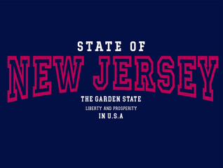 STATE OF NEW JERSEY, varsity, slogan graphic for t-shirt, vector, with dark blue background