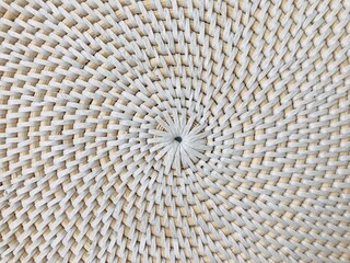 Closeup texture of fashionable handmade natural organic Round rattan bag: isolated straw Circle Balinese Crossbody Shoulder Bag