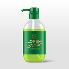 Realistic plastic bottles with pump dispenser for skincare product : shower gel, shampoo, cream or lotion : Vector Illustration