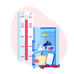 Heat Stroke, Extremal Heating Conditions. Unhappy Male Character Sweating Sitting at Home with Open Refrigerator Suffering of High Temperature at Summer Time Hot Period. Cartoon Vector Illustration