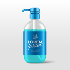 Realistic plastic bottles with pump dispenser for skincare product : shower gel, shampoo, cream or lotion : Vector Illustration