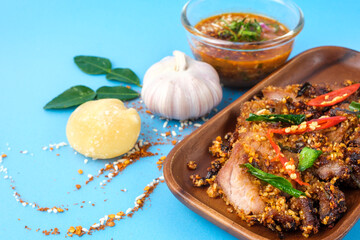 Deep Fried Pork mix spicy thai herbs with spicy dipping, Savory Snack Menu or Thai Food