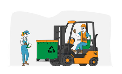 Worker Character Driving Forklift Truck with Garbage for Waste Processing. Technological Process. Recycling and Storage of Trash for Further Disposal. Manufacturing. Linear People Vector Illustration