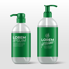 Realistic plastic bottles with pump dispenser for skincare product : shower gel, shampoo, cream or lotion : Vector Illustration