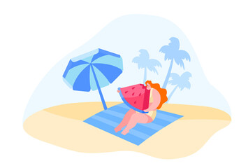 Obraz na płótnie Canvas Female Character Sitting on Mat at Sandy Beach under Umbrella Eating Watermelon with Palm Trees around. Summertime Resort Vacation, Summer Leisure, Outdoor Activity. Cartoon Vector Illustration
