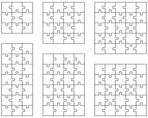 Illustration of six different white puzzles, separate pieces