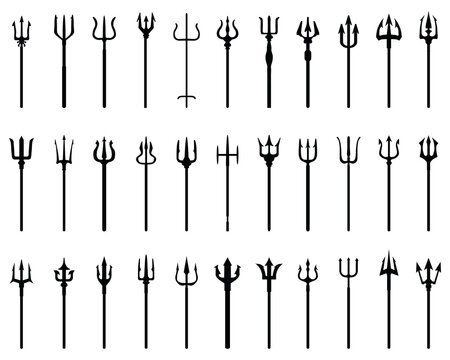 Set of tridents, black silhouettes on a white background	
