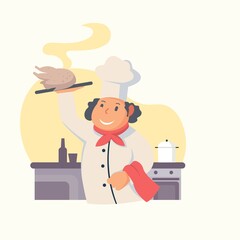 Chef cooking chicken, cartoon cook chef illustration for website, poster, pamphlet or any design