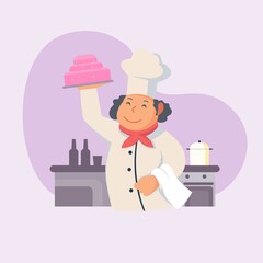 Chef cooking a cake, cartoon cook chef illustration for website, poster, pamphlet or any design