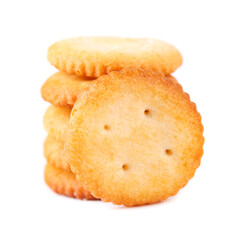 Cracker isolated on white background. Dry cracker cookies isolated. Salty snacks isolated. Top view.