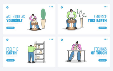 Set of template landing pages for pottery studio with students creating ceramics