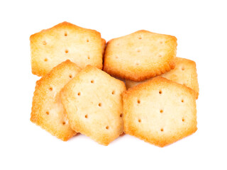 Cracker isolated on white background. Dry cracker cookies isolated. Salty snacks isolated. Top view.