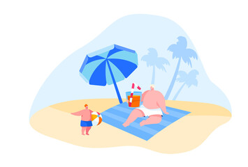 Family Characters Spend Summer Vacation on Tropical Resort. Father Drinking Cocktail, Little Boy Playing with Ball. Summertime Holidays Leisure, Recreation Activity. Cartoon People Vector Illustration