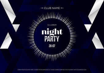 Horizontal luxury blue night party background with silver graphic elements and text. Vector illustration.