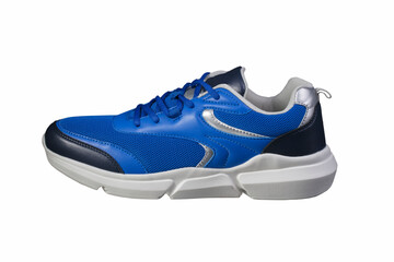 Blue sneaker made of fabric on a white background side view. Sport shoes.