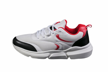 White sneaker with red and black accents on a white background. Sport shoes.