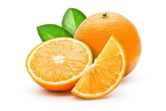 Orange slice into pieces with drop shadow on white background. Commercial image of citrus fruits in isolated with clipping path.