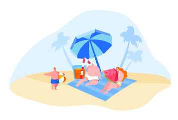 Obraz na płótnie Canvas Happy Young Family Characters Relaxing on Beach. Mother Eating Watermelon, Father Drinking Juice, Little Boy Holding Ball. People Spend Summer Vacation on Tropical Resort. Cartoon Vector Illustration